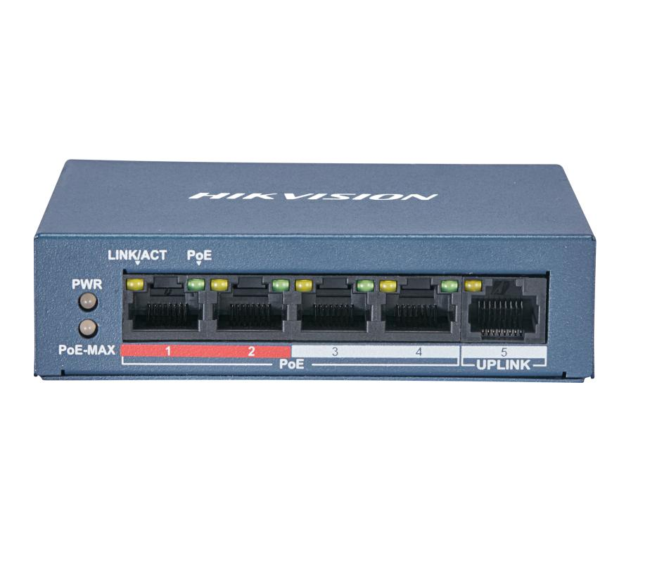 SWITCH POE HIKVISION DE 4 PUERTOS POE/POE+, + 1UPLINK 100 MBPS, 802.3AF, MAX POWER 35W, ALIMENTACIÓN: 48 VDC, 0,8A