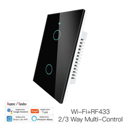 [WRS-US2-BK-MS] Tecla Smart WIFI de 2 canales. Vivo + Neutro. Color Negro. Tecla touch. Panel de vidrio
