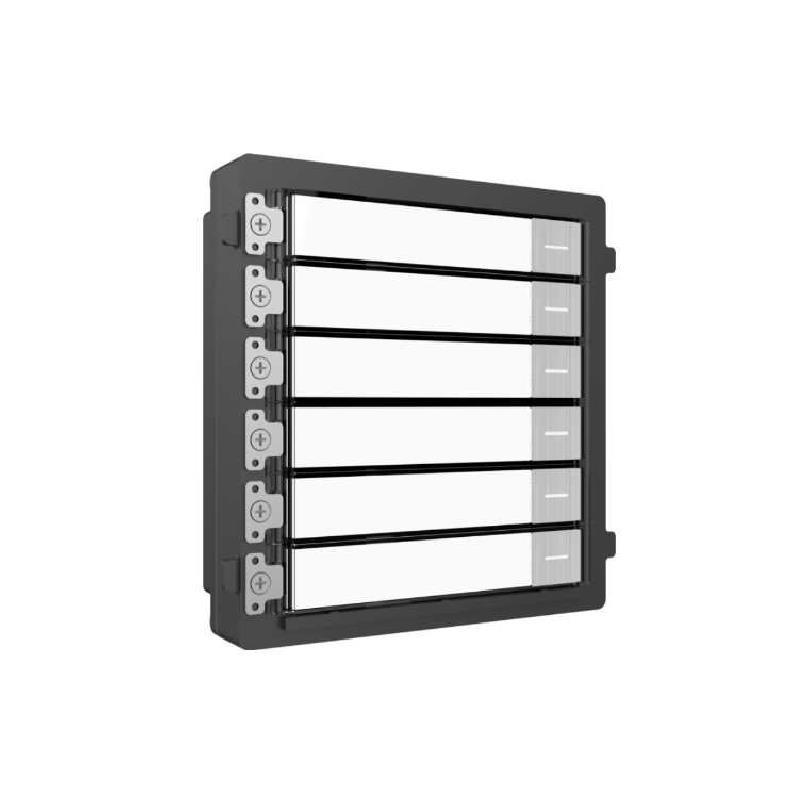 MÓDULO BOTONERA SIMPLE CON 6 BOTONES DE LLAMADA PARA PARA VIDEOINTERCOM IP MODULAR HIKVISION, ETIQUETAS DE NOMBRE PERSONALIZABLES, RS485, REQUIERE MARCO DE MONTAJE EMPOTRADO O SUPERFICIE, IP65