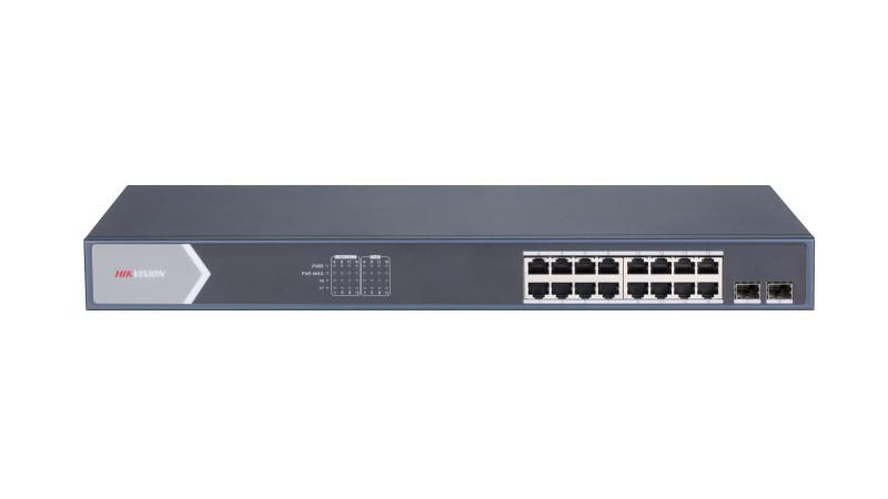 SWITCH POE HIKVISION DE 16 PUERTOS GIGABIT POE/POE+, + 2 UPLINK GIGABIT, NO ADMINISTRABLE, 802.3AF