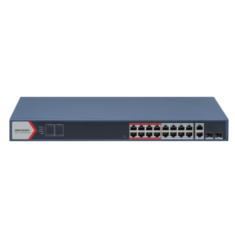 SWITCH POE HIKVISION DE 16 PUERTOS RJ45 100 MBPS,  2 PUERTO DE RED GIGABIT.FAST ETHERNET. CCTV HASTA 300M, ADMINISTRABLE, IEEE802.3 AT