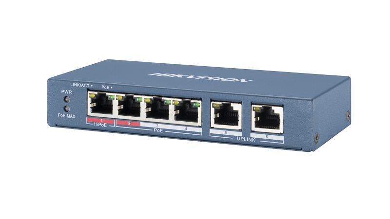 SWITCH POE HIKVISION DE 4 PUERTOS POE DE 10/100 MBPS, 2 RJ45 DE 10/100 MBPS, , 802.3AF,  65W, 48 VDC, 1,35A