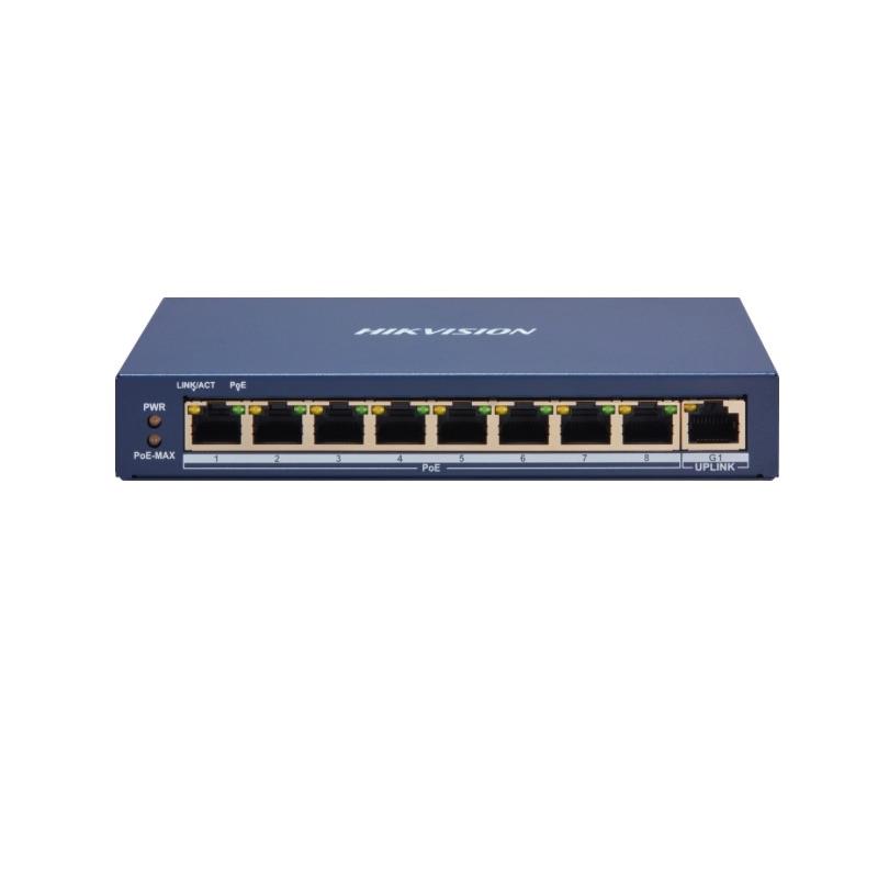 SWITCH POE HIKVISION DE 8 PUERTOS POE 10/100M, 1 PUERTO GIGABIT RJ45, ADMINISTRABLE , 802.3AF,  60W