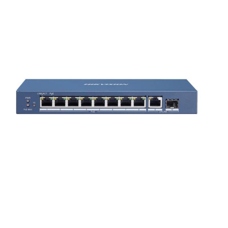 SWITCH POE HIKVISION DE 8 PUERTOS POE/POE+, + 1UPLINK 100 MBPS, 802.3AF, + 1 PUERTO SFP, 110W,  48 VCC / 2.5 A