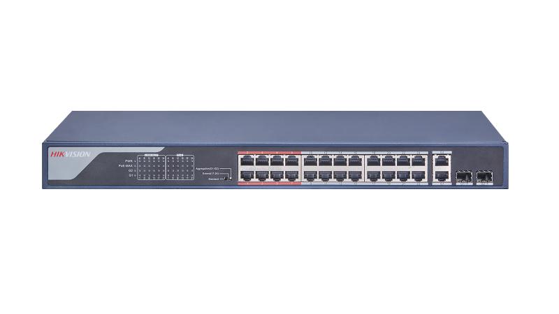 SWITCH NO ADMINISTRABLE HIKVISION 24 PUERTOS POE, 2  UPLINK GB  RJ45, 2 SFP,  370W