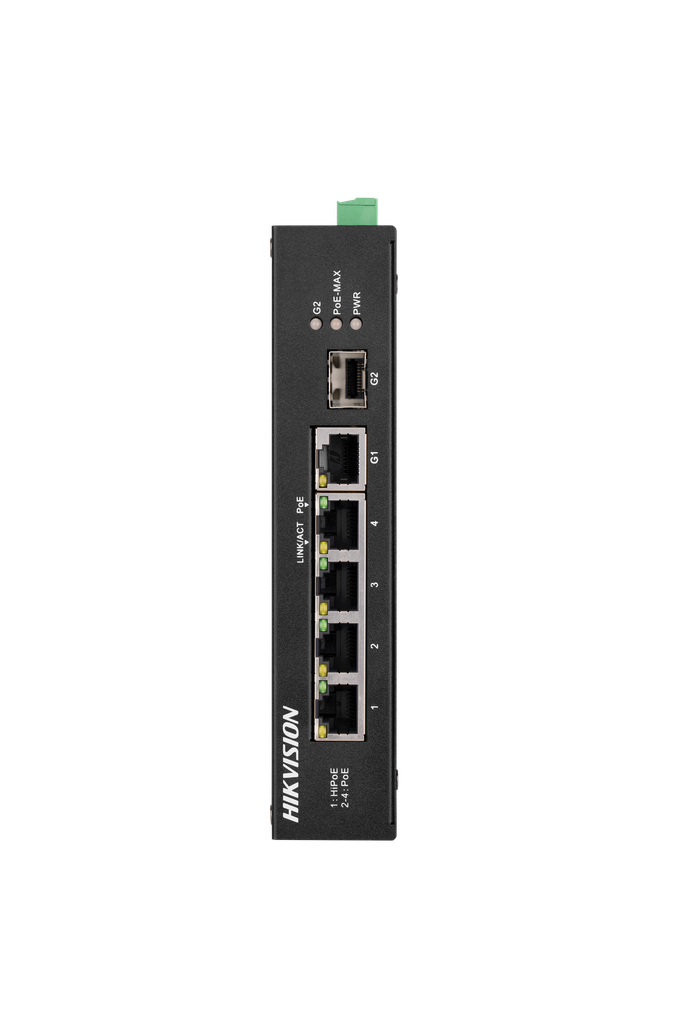 SWITCH HIKVISION NO ADMINISTRABLE INDUSTRIAL, 3 PoE de 100 M, 1 Hi-PoE, 1 RJ45 gigabit y 1 SFP gigabit