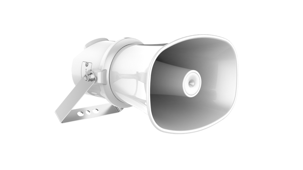 Megáfono Horn IP de 25W, audio bidireccional, SIP/ONVIF, PoE/24V, IP67 y 124dB