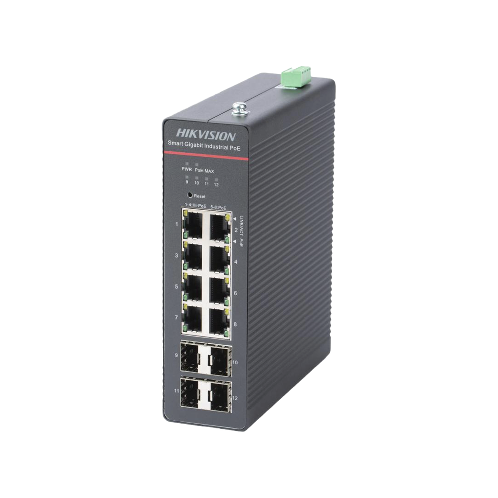 Switch Hikvision Gigabit PoE+, Industrial, Administrable, 4 Gigabit PoE+ (90 W), 4 Puertos Gigabit PoE+(30 W), 4 Puertos Gigabit SFP, 300 W
