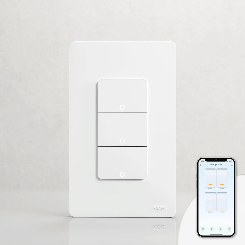 Tecla Smart WIFI de 3 canales. Vivo + Neutro. Color Blanco. Tecla mecánica