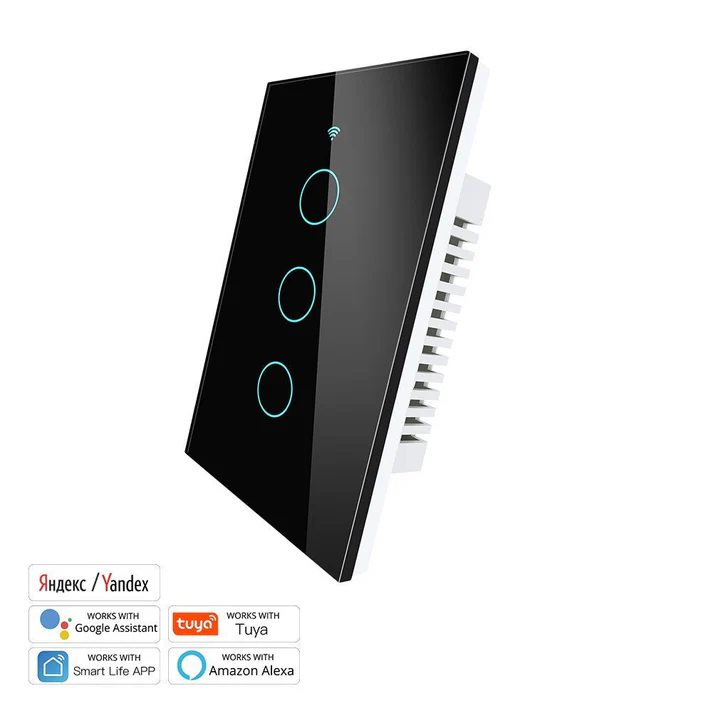 Tecla Smart WIFI de 3 canales. Vivo solo. Color Negro. Tecla touch. Panel de vidrio